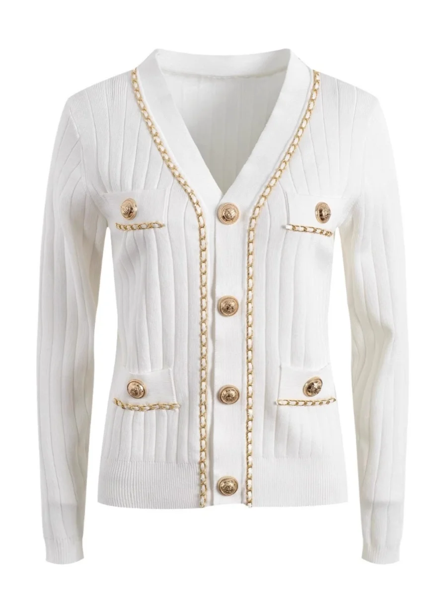 High-Quality Knitted Top Shoulder Pads Chain Single Button Slimming Lady Style Short Outerwear V-Neck Long Sleeve Ice Silk