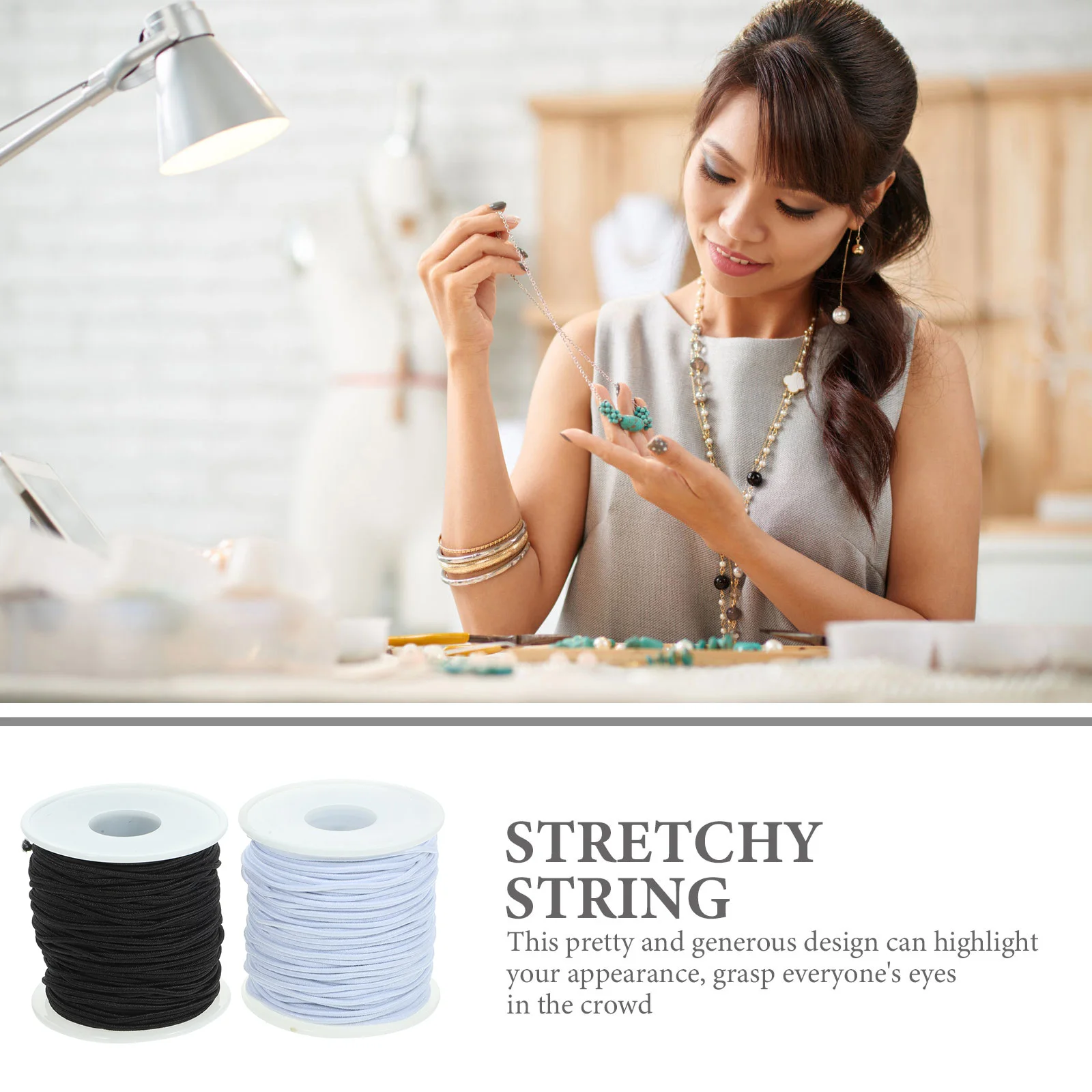 

2 Rolls 15mm Elastic Bracelet Cord Black White DIY Jewelry Beading Thread Stretchy Wire Craft Supplies Necklace Making