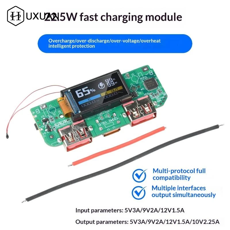 Modulo di ricarica rapida da 22,5 W per Power Bank fai da te PD QC VOOC Protezione del circuito della scheda caricabatteria al litio da 3,7 V con display a LED