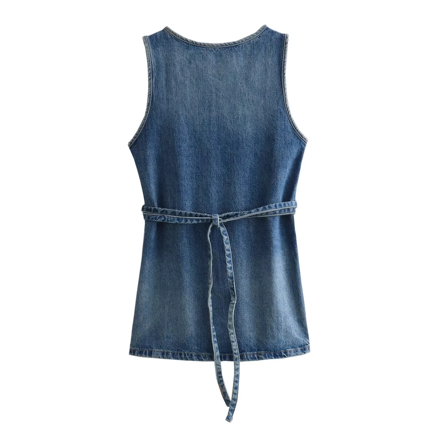 TRAF Woman 2024 Sleeveless Blue Denim Top Women Summer Tied Belt Modern Women's Long Blouses Streetwear Slit Ladies Blouses