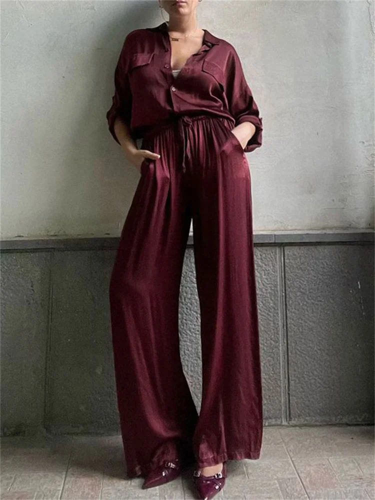 

Satin Casual 2 Piece-Set Women's Pants Pocket Lapel Fashion Shirts Tops And Lace-Up High Waist Straight Trousers Outfits