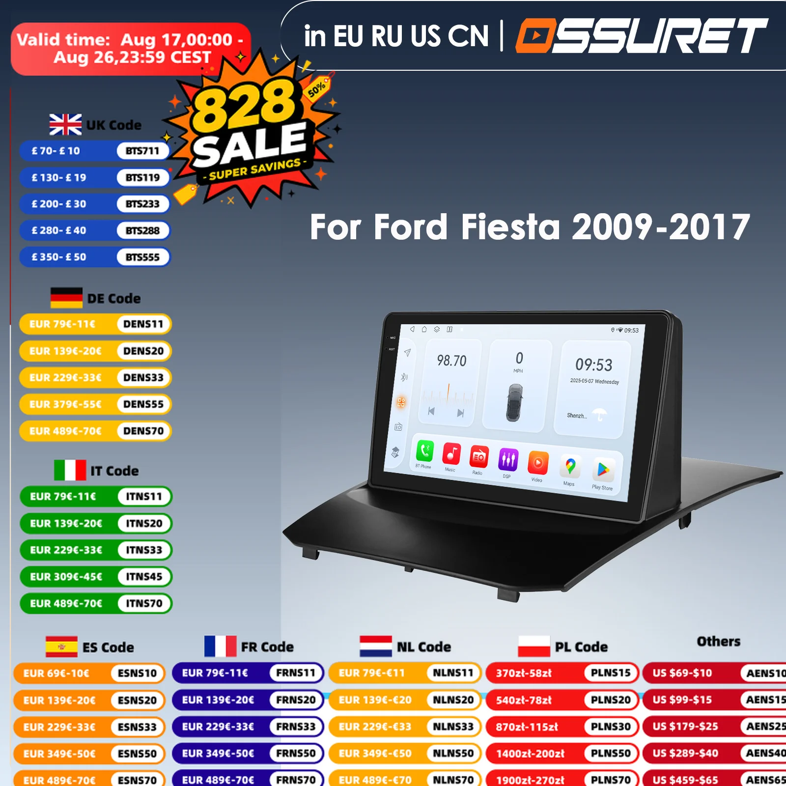 OSSURET Snapdragon Car Radio Carplay Android for Ford Fiesta Mk6 MK 7 2008-2019 SYNC Multimedia Video Player Auto Stereo Navi