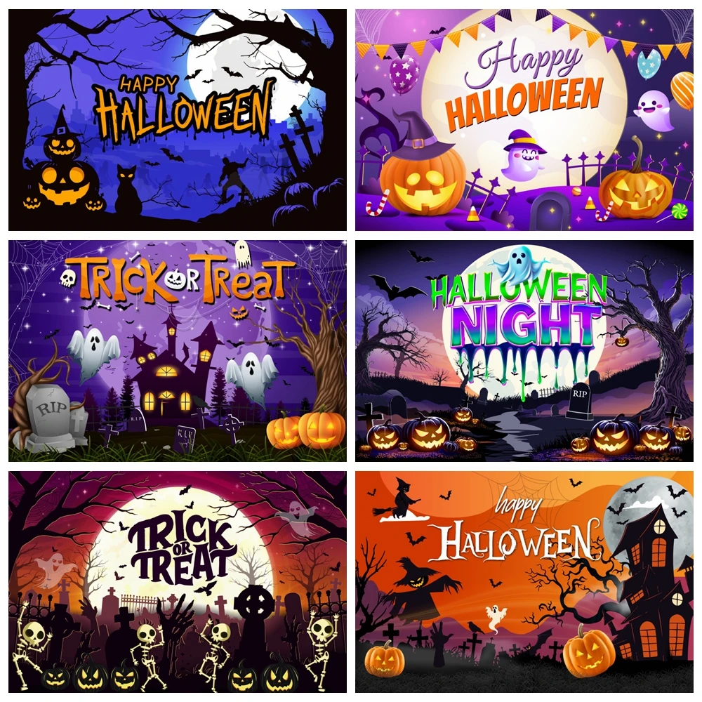 

Halloween Photo Backdrop Pumpkin Moon Ghost Castle Halloween Night Kids Trick Or Treat Party Decoration Photography Background