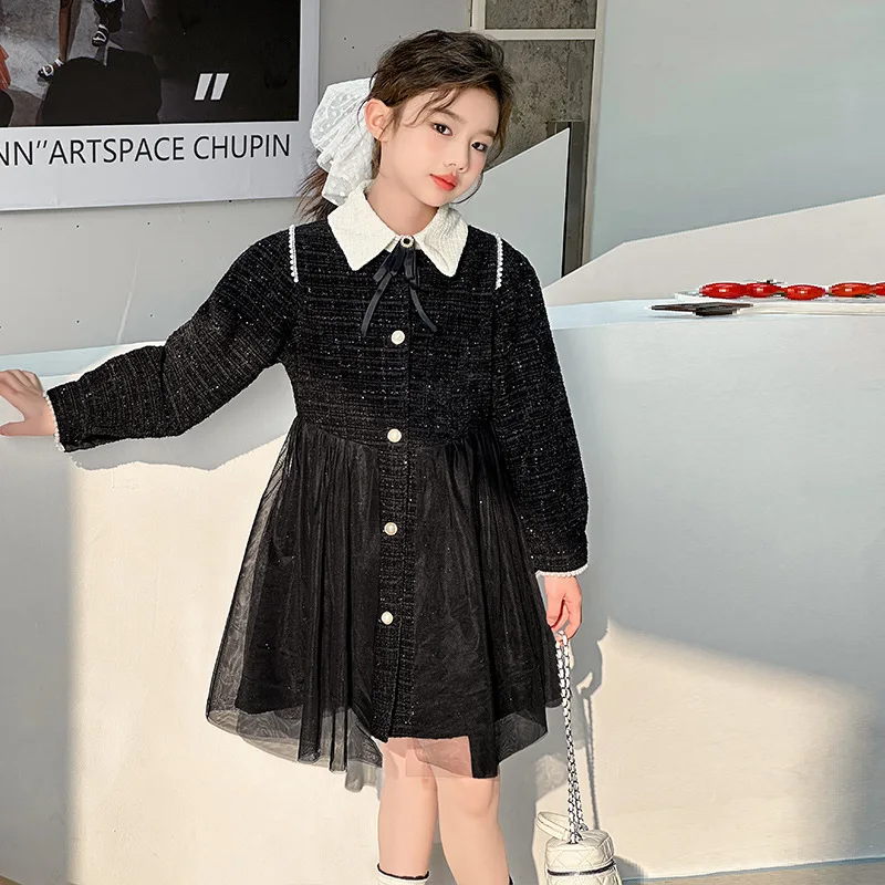 

School Girls Dress Autumn Bowknot Lace Patchwork Children Girls Princess Dress Single-breasted Long Sleeves Teenager Girls Dress