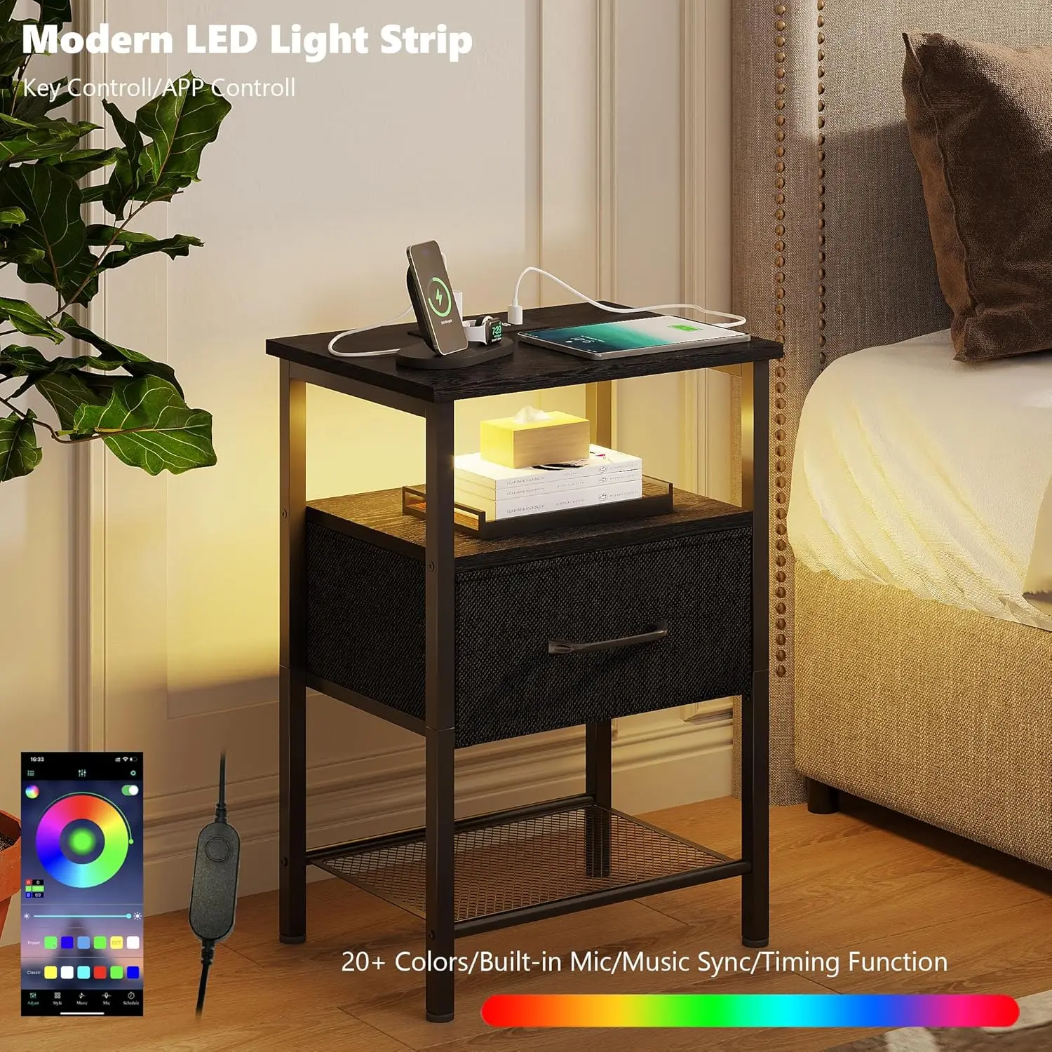 Mesa de cabeceira LED com tecido gaveta, mesa final com estação de carregamento, 3-Tier Side Table com Ope, suporte do quarto Set 2