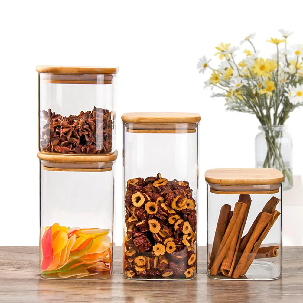 

Sealed Glass Airtight Food Storage Jars Wooden Lid Glass Containers Clear High Grade Wide Mouth Canisters