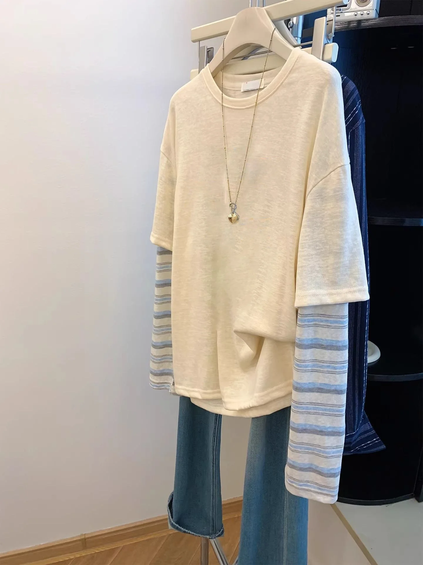 

Summer Loose Striped Long Sleeve T-Shirt Women's Casual Style UV Protection Print Top plus Size Fashion plus Size Clothing