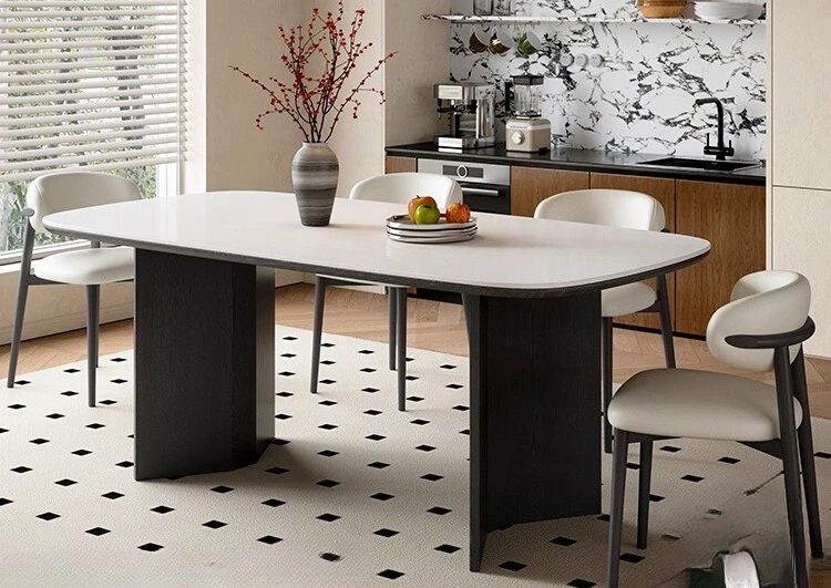 

Medieval ash wood rock slab dining table light luxury retro large and small apartment solid wood square dining table