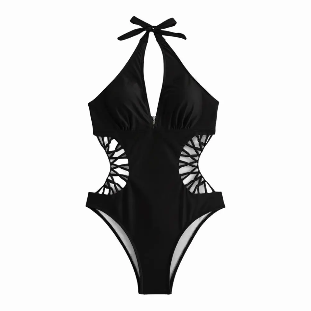 Black Color Swimsuit Hollow Out Braided Halter Neck Monokini Swimsuit High Waist Backless Design Bathing Swimming Suit Female