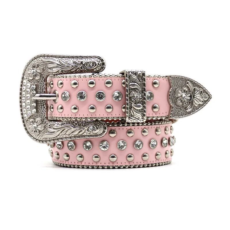 

men luxury fashion soft leather rhinestone belts diamond studded belt stage nightclub womens pink waistband pin buckle strapon