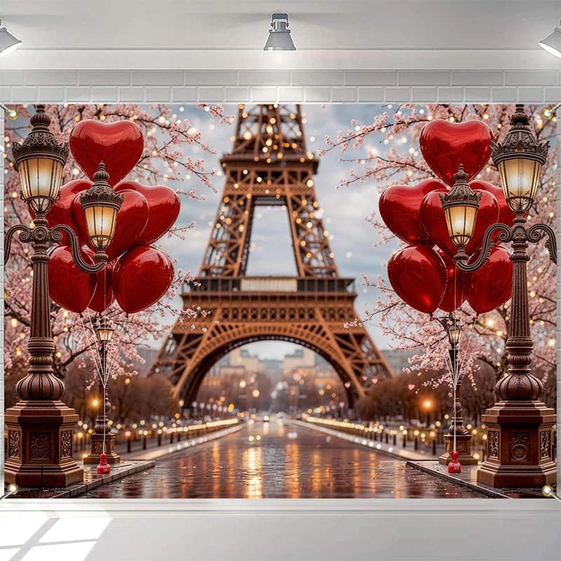 

LS Valentine's Day Background Photography Eiffel Tower Street Lamp Balloon Flower Backdrop Girl Birthday Party Photo Studio