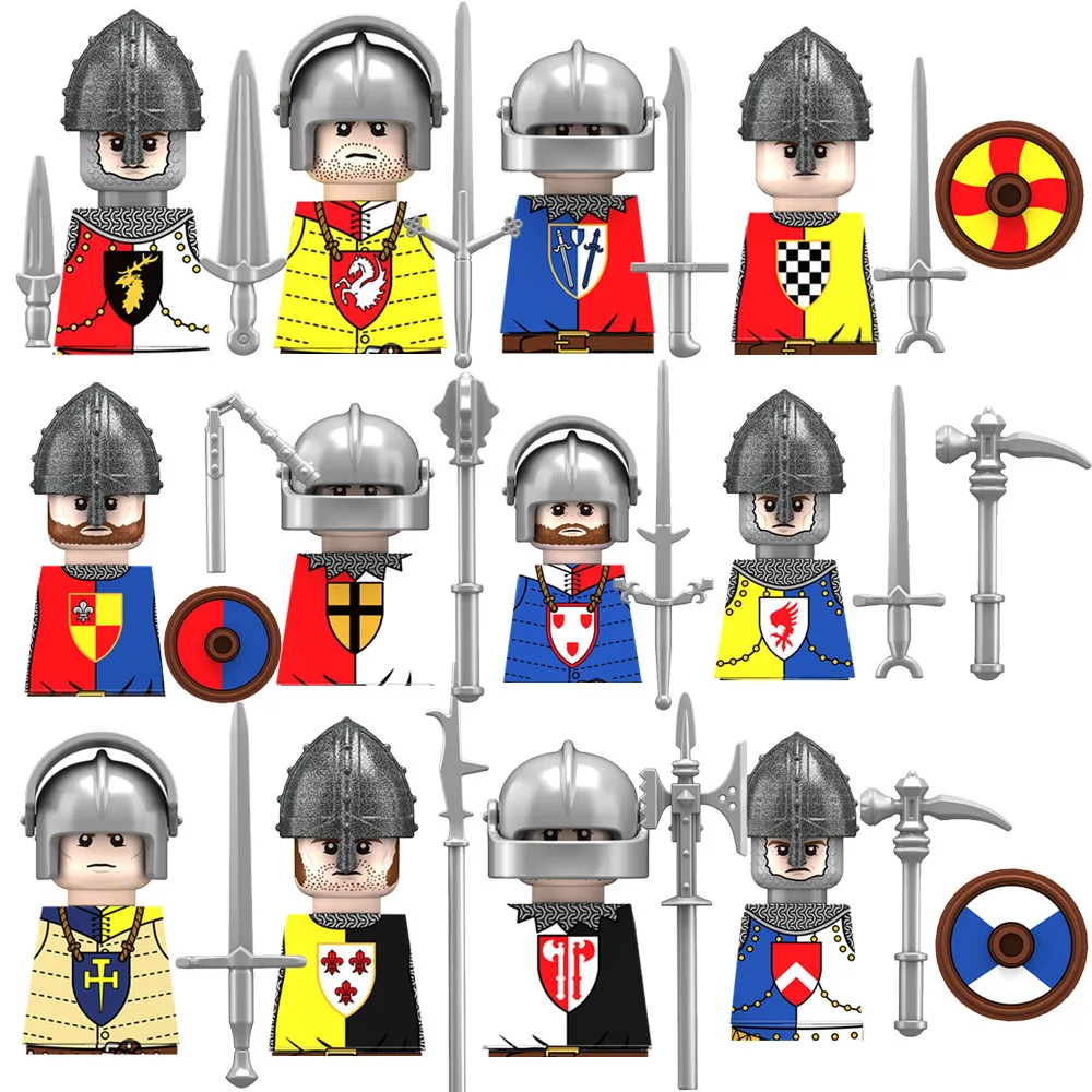 MOC-castillo Medieval de dragón verde, figuras de caballero, bloques de construcción, soldado romano antiguo, arma, escudo, caballo de guerra,