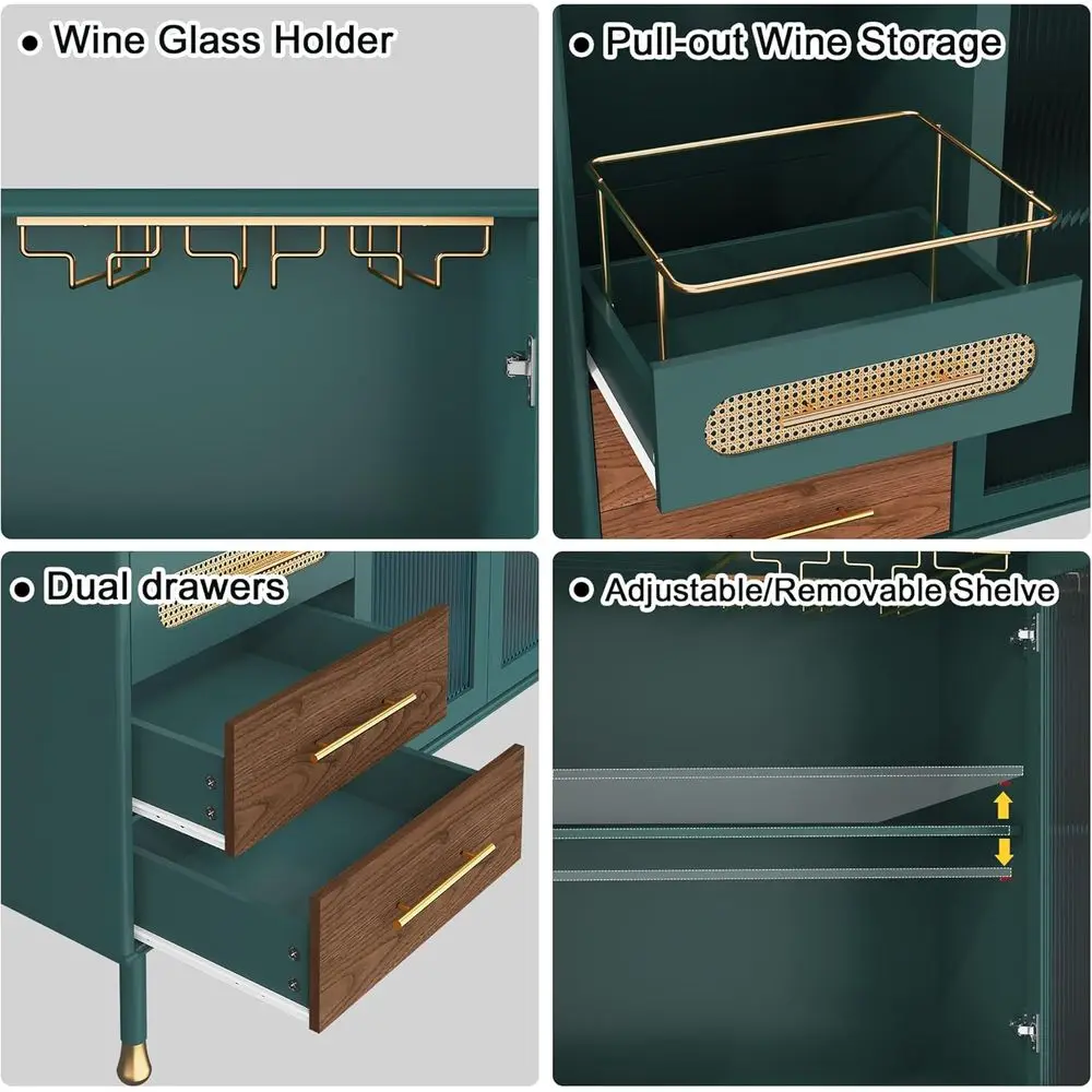 48 Green Coffee Bar Cabinet with Wine Racks and Drawers, Expandable Sideboard for Bar Cart, Kitchen, Dining, Living Room