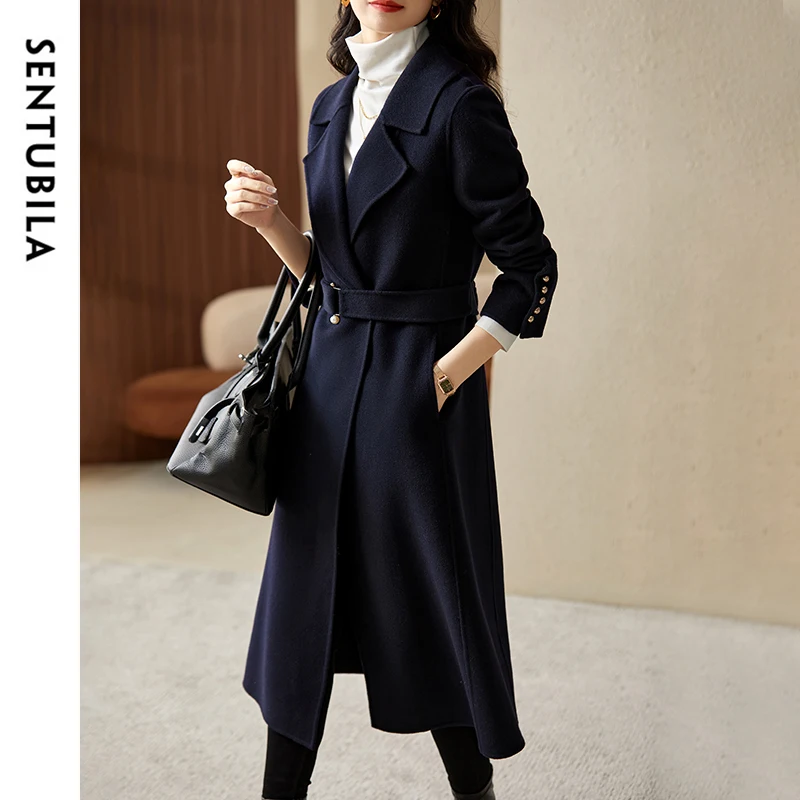 SENTUBILA 100% Wool Long Coat Women 2024 Warm Solid Office Lady Elegant Fashion Vintage Overcoats Female Outerwears W24O42058