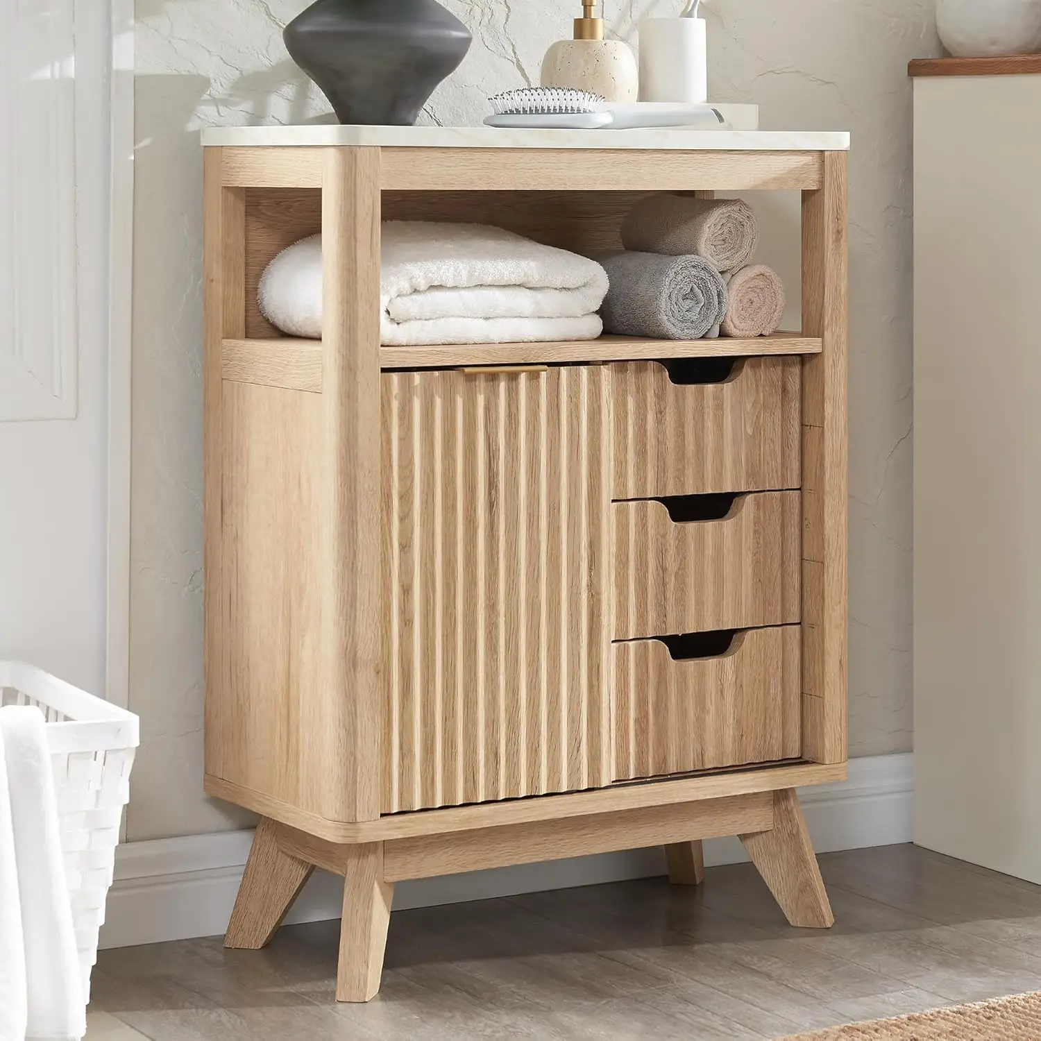 

Bathroom Floor Cabinet with Sliding Door, Modern Fluted 3 Drawers Storage Organizer w/Adjustable Shelf and Faux Marble Top