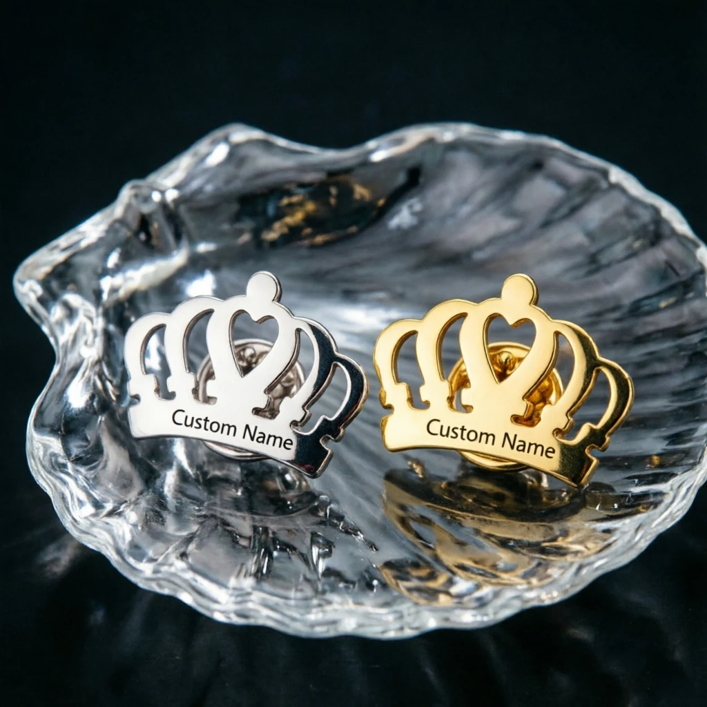 Custom Crown Engrave Name Date Brooch Stainless Steel Personalized Pin Unisex Accessory Couple Romantic Wedding Anniversary Gift