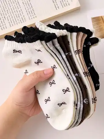 5 Pairs Women's Floral Bow Print Low-Cut Socks, Breathable Concealed Ankle Socks, Spring/Summer Casual Socks
