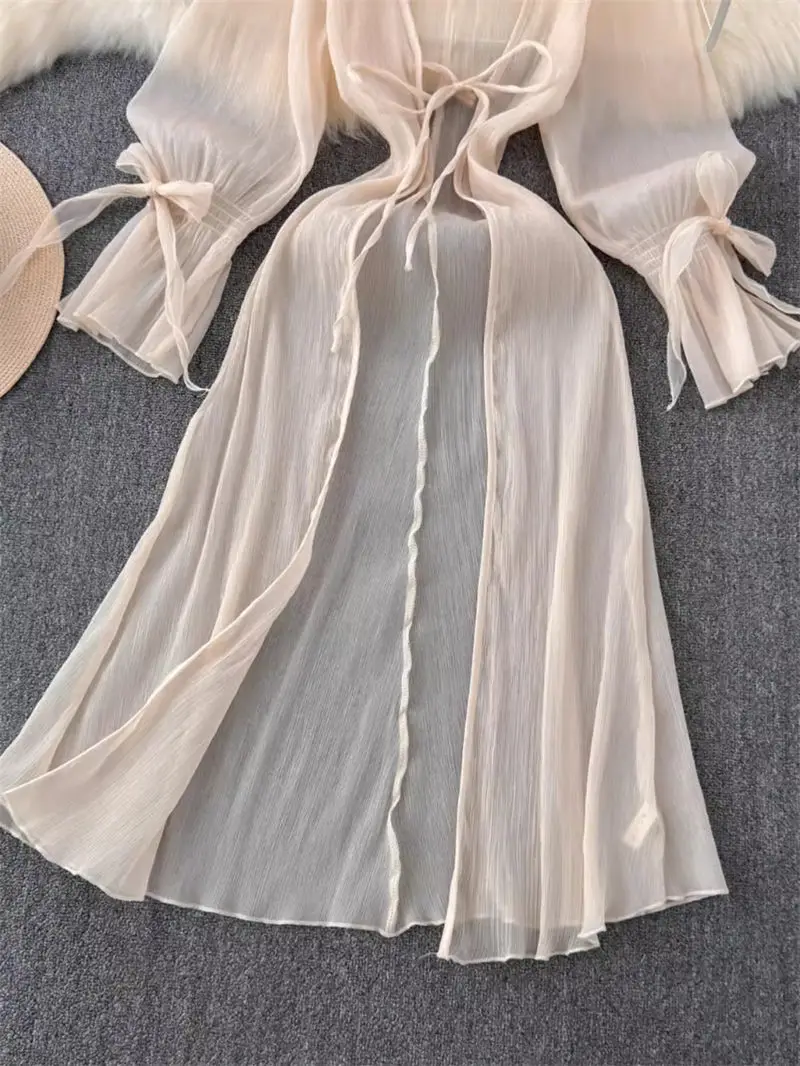 French Beach Tunic Top Vacation Sexy Bikini Chiffon Sunscreen Cardigan Coat For Women 2024 Summer Long Shirt Jacket K566