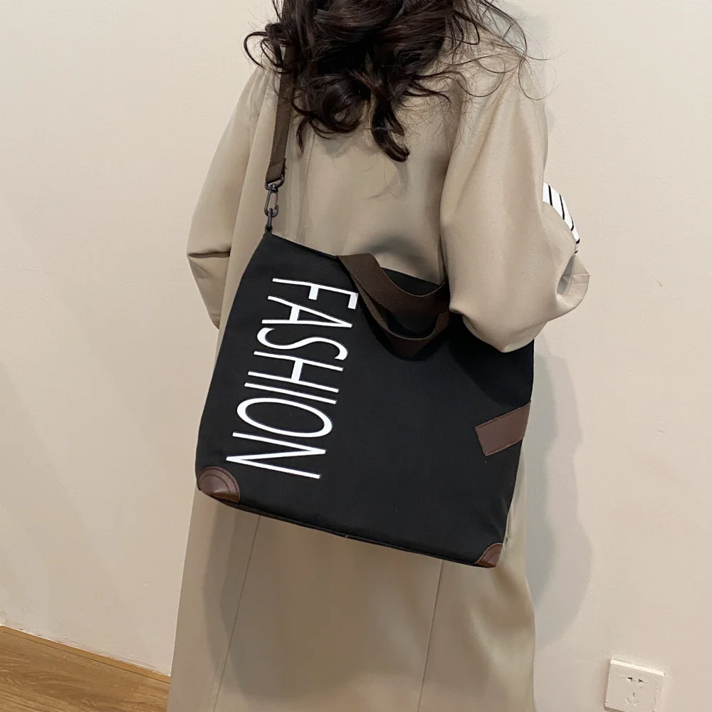 Letter Print Canvas Tote Bag, Large Capacity Handbag for Women