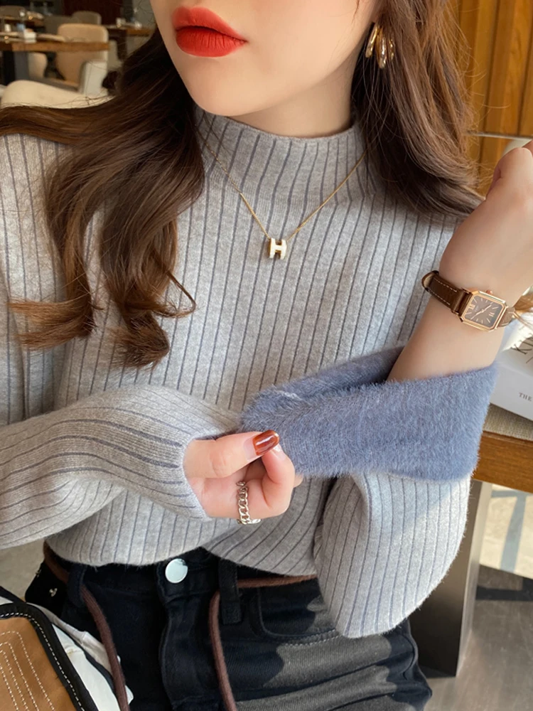 2025 Autumn Winter Thick Semi High Neck Bottoming Sweater for Women Warm Long Sleeved Faux Mink Fur Sweater Elegant Pullover