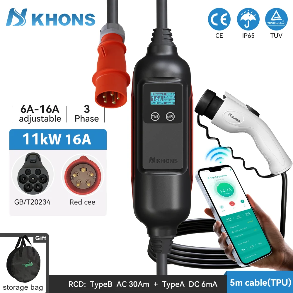 Khons GBT Portable EV Charger 11KW 16A 3Phase Electric Car Charger WiFi APP Control Electric Vehicle Charging Box CEE Plug