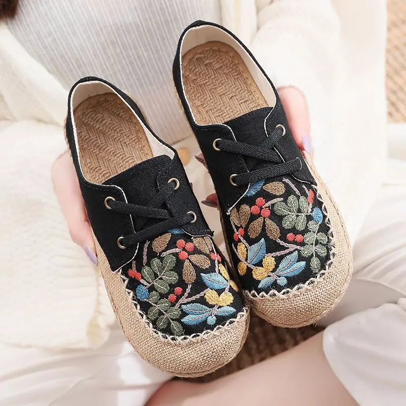 Veowalk Vegan Handmade Women Linen Canvas Espadrilles Sneakers Comfortable Lace Up Flat Embroidered Shoes Black Beige Grey