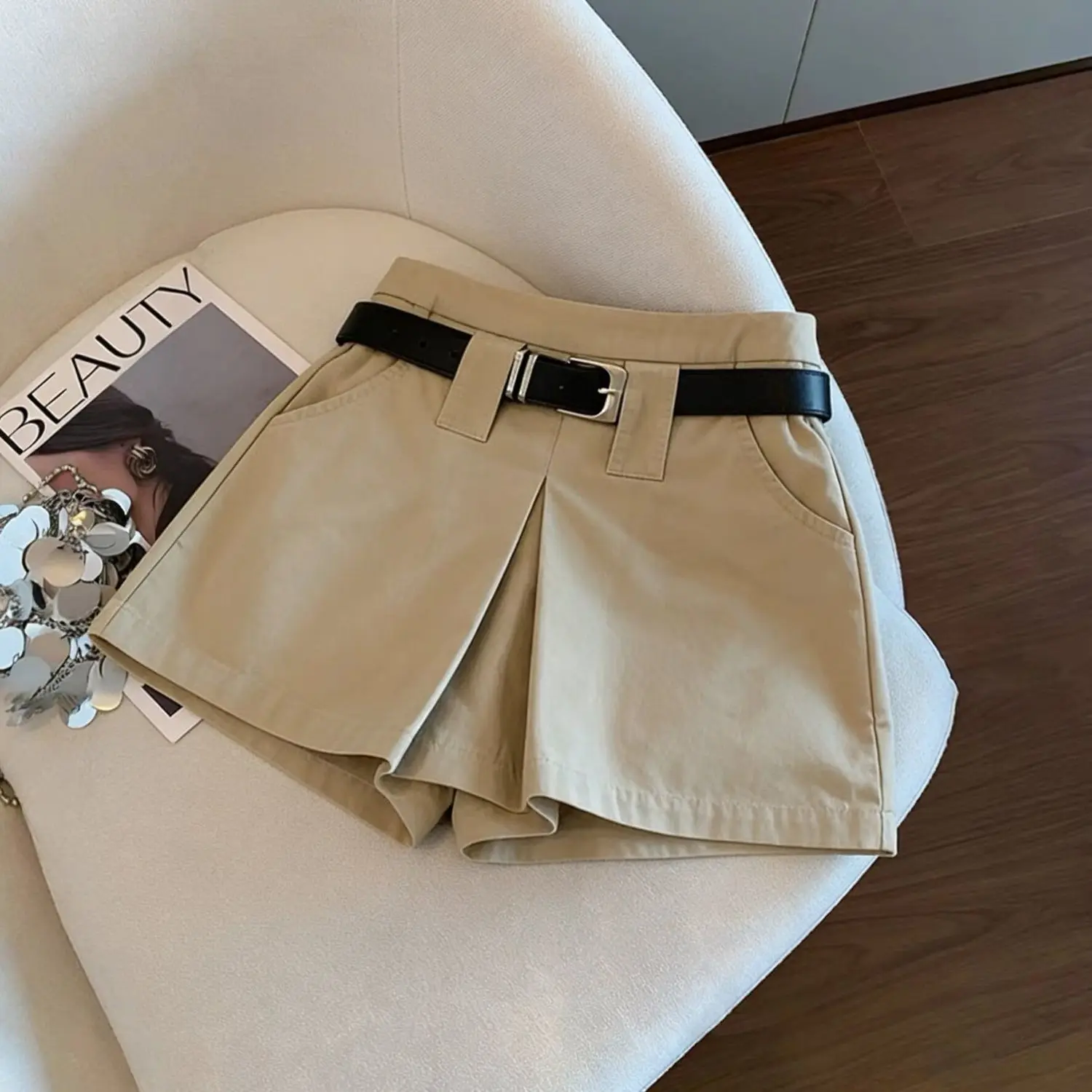 Retro Khaki High Waist A-shaped Skirt Women's Summer Design Sense Cargo Shorts Skirt