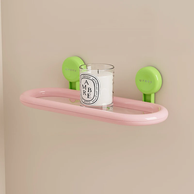 Dopamine Style Oval Suction Cup Shelf - No Drilling Bathroom Wall Mount for Shower Gel & Hand Sanitizer