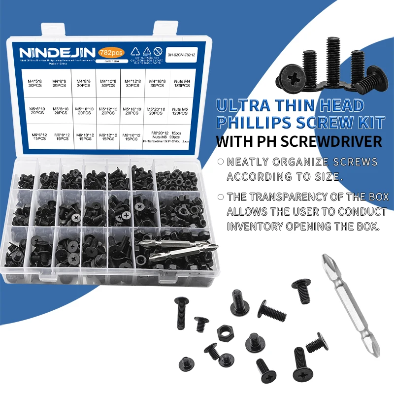 NINDEJIN 782pcs Cross Ultra Thin Head Machine Screw Kit M4-M6 Black Carbon Steel Ultra Low Flat Phillips Head Screw Nut Set