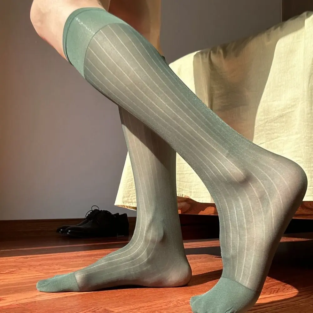 Sheer Men Thin Dress Tube Socks Translucent Middle Tube Wide Striped Silk Socks Hosiery Mid-calf Solid Color Business Stockings