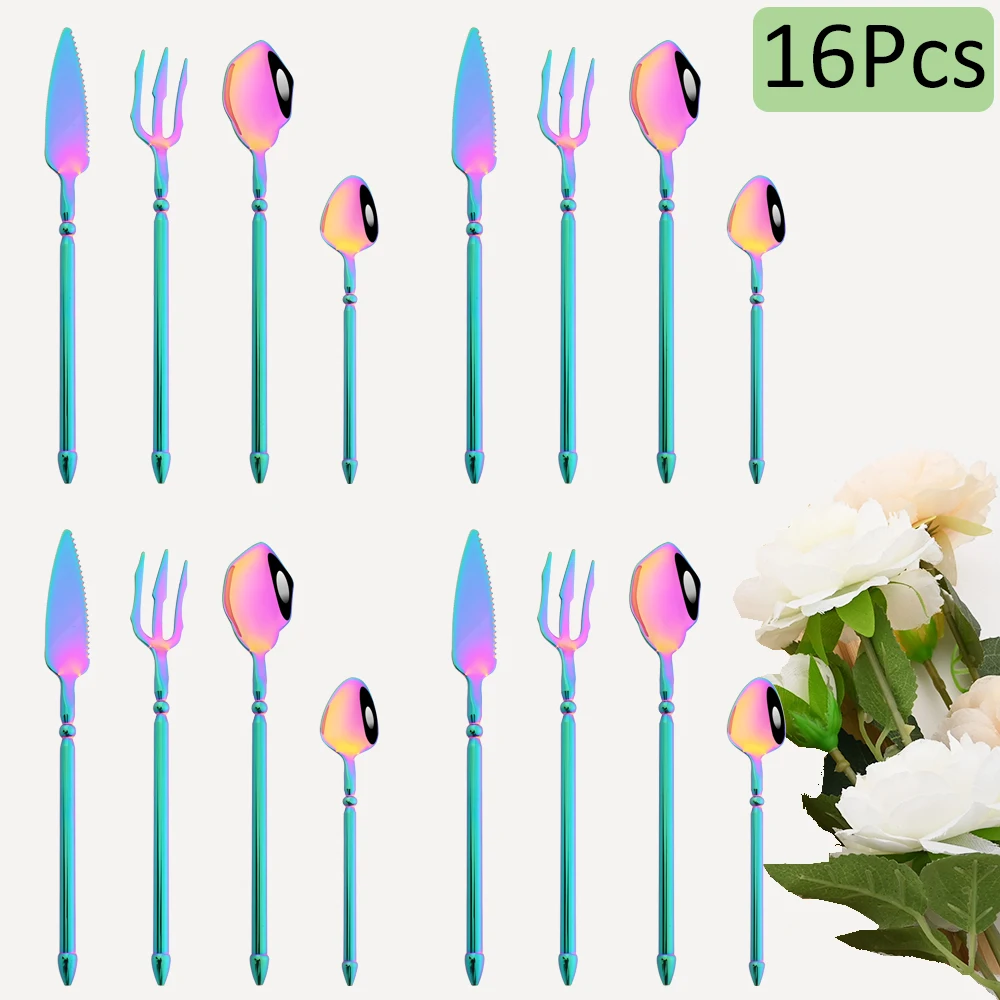 

16Pcs Colorful Dinnerware Set High Quality 304 Stainless Steel Tableware Creative Knife Forks Spoon Cutlery Set Kitchen Flatware