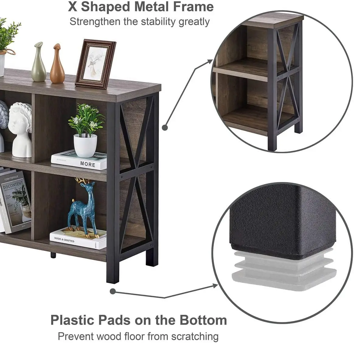 FATORRI 8 Cube Storage Organizer Bookshelf, Rustic Wood Cubby Bookcase, Industrial Horizontal Long Shelf for Living Room