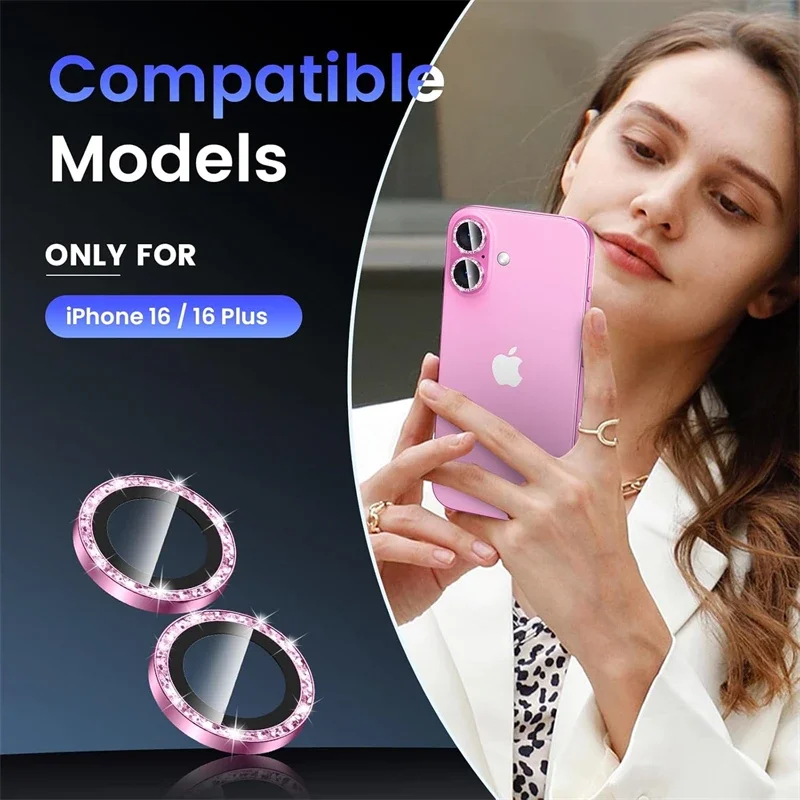 2-3 قطعة الوردي بريق بلينغ المعادن الزجاج عدسة الكاميرا حامي آيفون 16 15 14 13 برو ماكس زائد 16Plus غطاء كامل ملحق