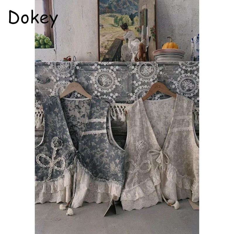 

Vintage Embroidery Lace Patchwork Vest Women Japanese Mori Girl Plaid Cotton Linen Waistcoat Jacket Casual Sleeveless Crop Tops