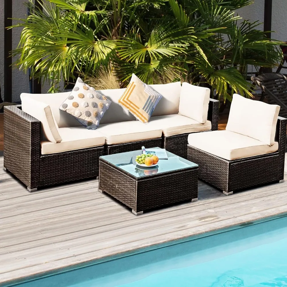 5-piece patio furniture set, outdoor rattan L-shaped corner sofa set, cushion coffee table, garden segmented conversation set