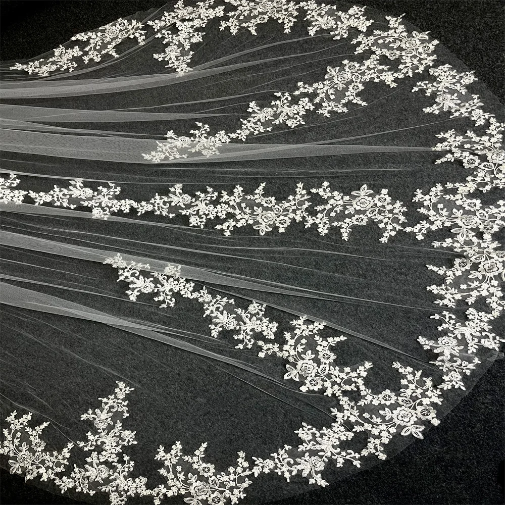 New Long Wedding Veil With Comb 1 Tier Soft TulleFloral Elegant Bridal Veils White Ivory Custom Veil 3M 4M 5M image 5