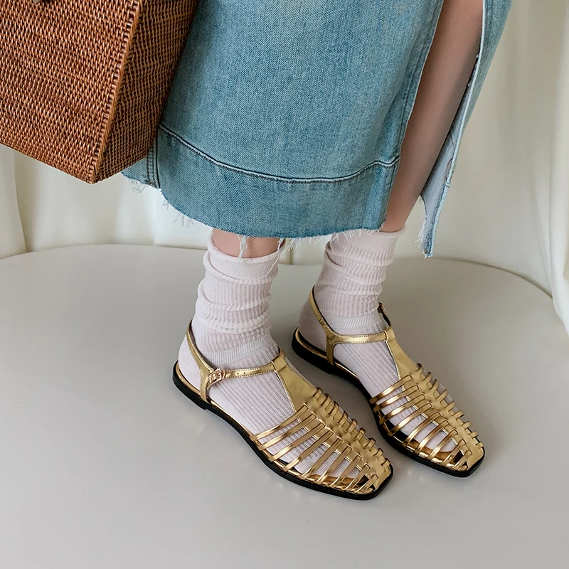 Summer Sandals Retro Ladies Gold Silver Shoes Spring Vintage Roman Gladiator Shoes Narrow Band Women Sandals On Flat Heel