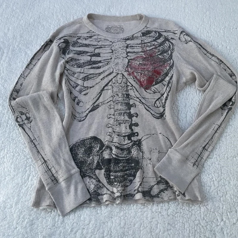 2000s Y2k Women Tops Harajuku Retro Gothic Skeleton Graphic Printed T shirt Hip Hop Tee shirt Estetyczna odzież uliczna z długim rękawem