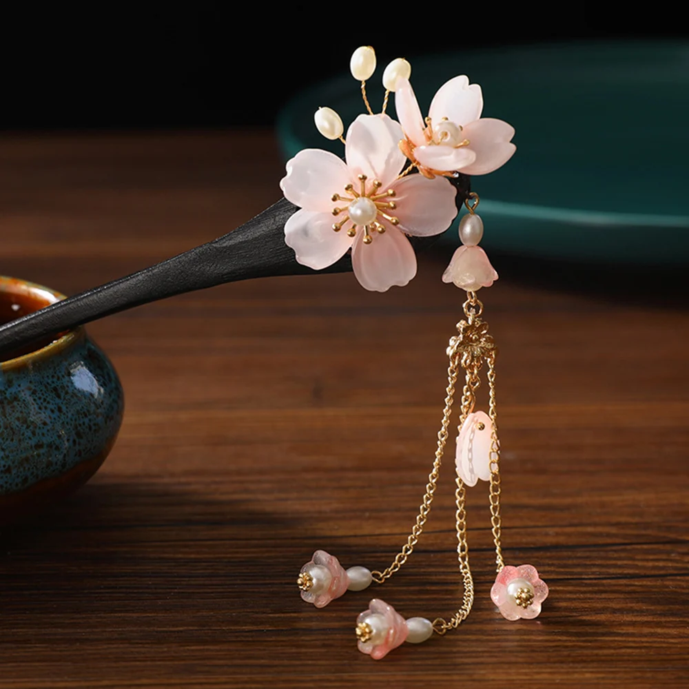 Chinese Hair Stick Flower Tassel Hairpin Sandalwood Ancient Girls Hair Bun Forks Chopsticks Vintage Hanfu Headpiece Hair Jewelry