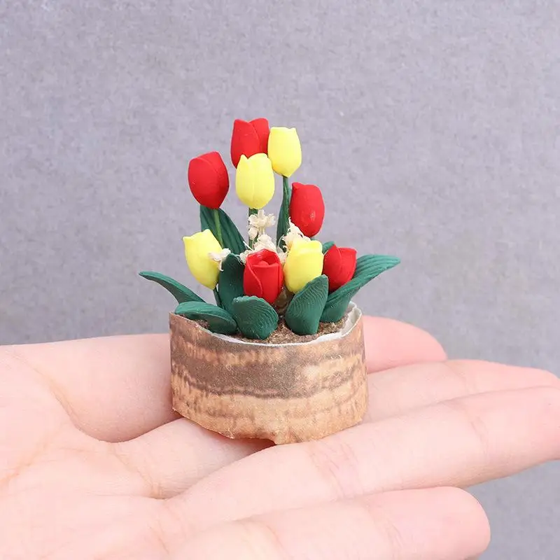

Miniature 2 Dollhouse Tulip Potted Plant Simulation Flower for DIY Mini Garden Scene Ornament