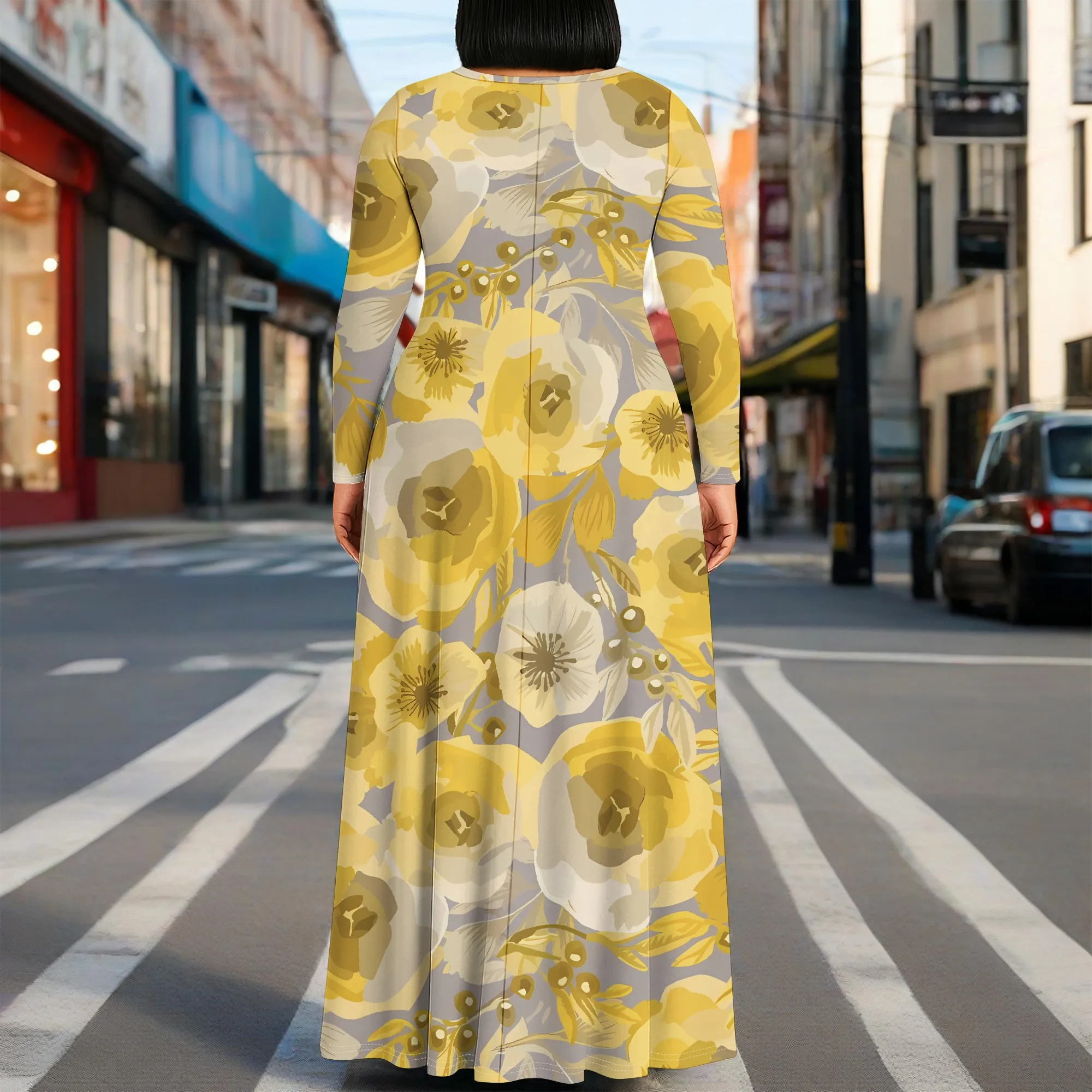 Nupusa geelgrijze bloemenprintjurk voor dames plus maat zomer casual maxi-jurk met ronde hals en lange mouwen