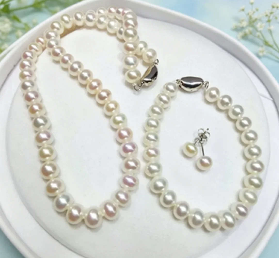 Gorgeous Necklace AAAA 7-8mm/8-9mm Natural White Pearl Necklace 18 Inch + Bracelet 7.5-8 Inch Earrings 925 Sets view 4