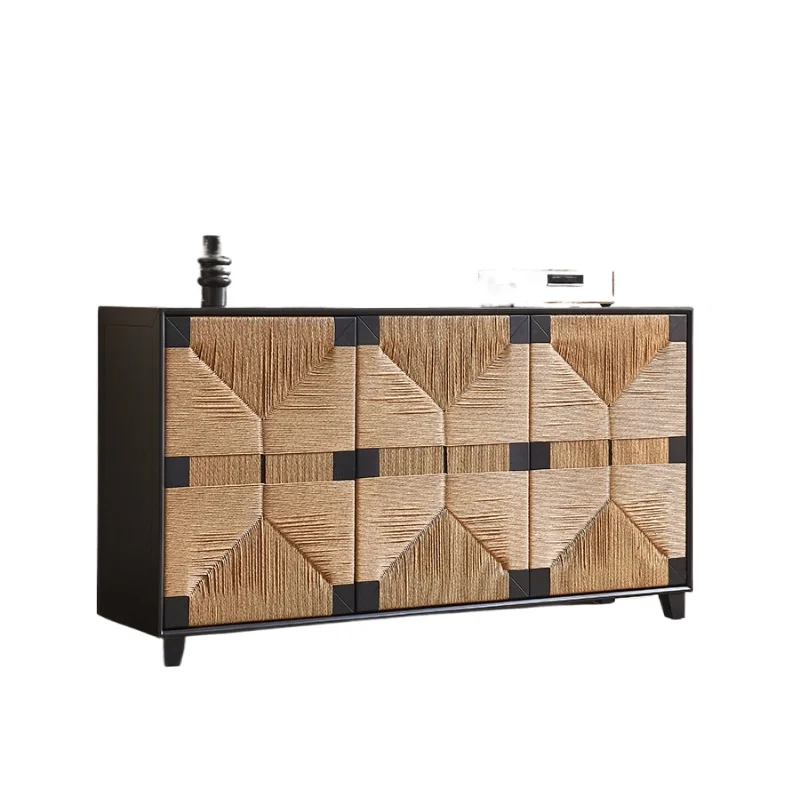 Medieval wabi sandy wind solid w ood dini ng side cab inet hand-woven rattan three-door entrance cabinet