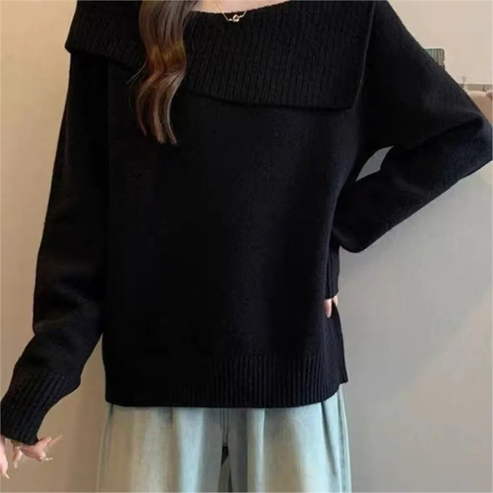 

New Sweater Autumn Winter Solid Color Casual Elegant Everyday Lazy Style Top Long-sleeved Knitted Splicing Lapel Bottoming Shirt