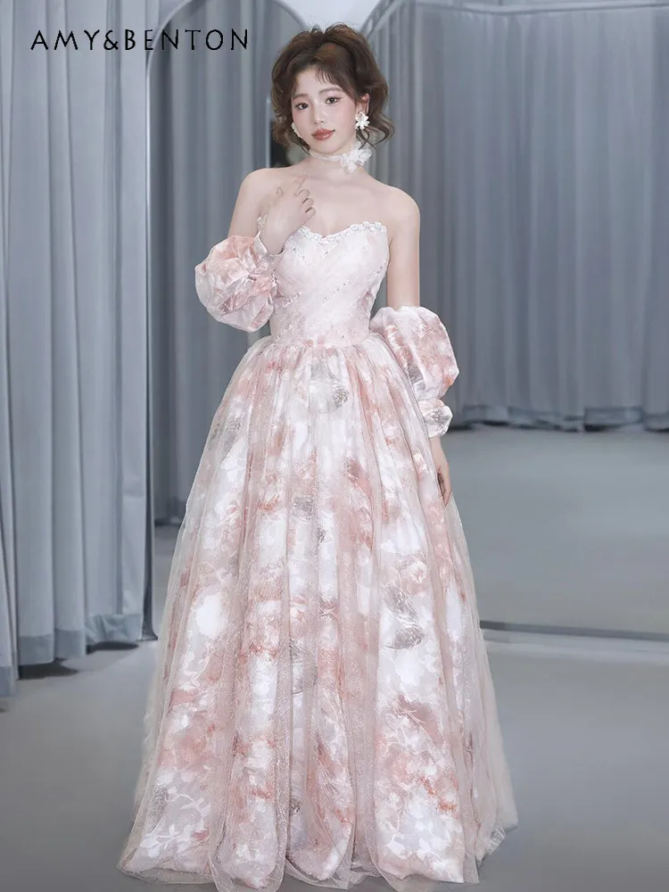 

Floral Print Slim Strapless Toast Dress Gorgeous Engagement Wedding Puffy Dress Adult Ceremony Banquet Princess Style Dress