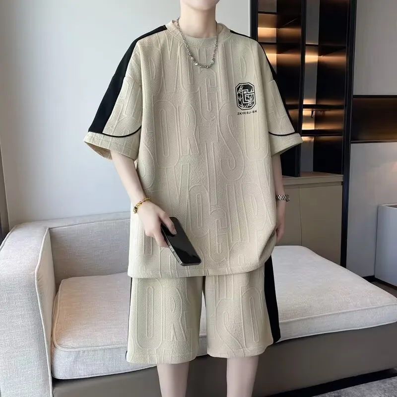 

TZ60 2025 Новый мужской вафельный летний костюм, повседневная футболка 4XL 5XL + шорты, мужской спортивный костюм, однотонный спортивный костюм, свободный костюм