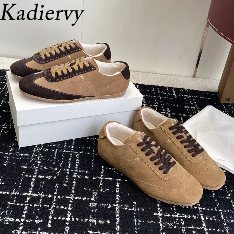 الشتاء أحذية رياضية امرأة جولة تو الدانتيل يصل في الهواء الطلق حذاء مسطح النساء البقرة المدبوغ مختلط اللون عادية الصوف الدافئة أحذية رياضية نسائية