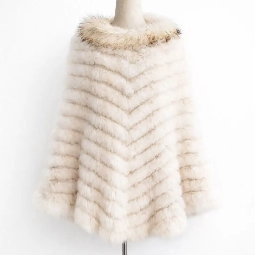 Women Fashion Pullover Knitted Genuine Rabbit Fur Raccoon Fur Poncho Cape Real Fur Knit Wraps Triangle Shawls Coat