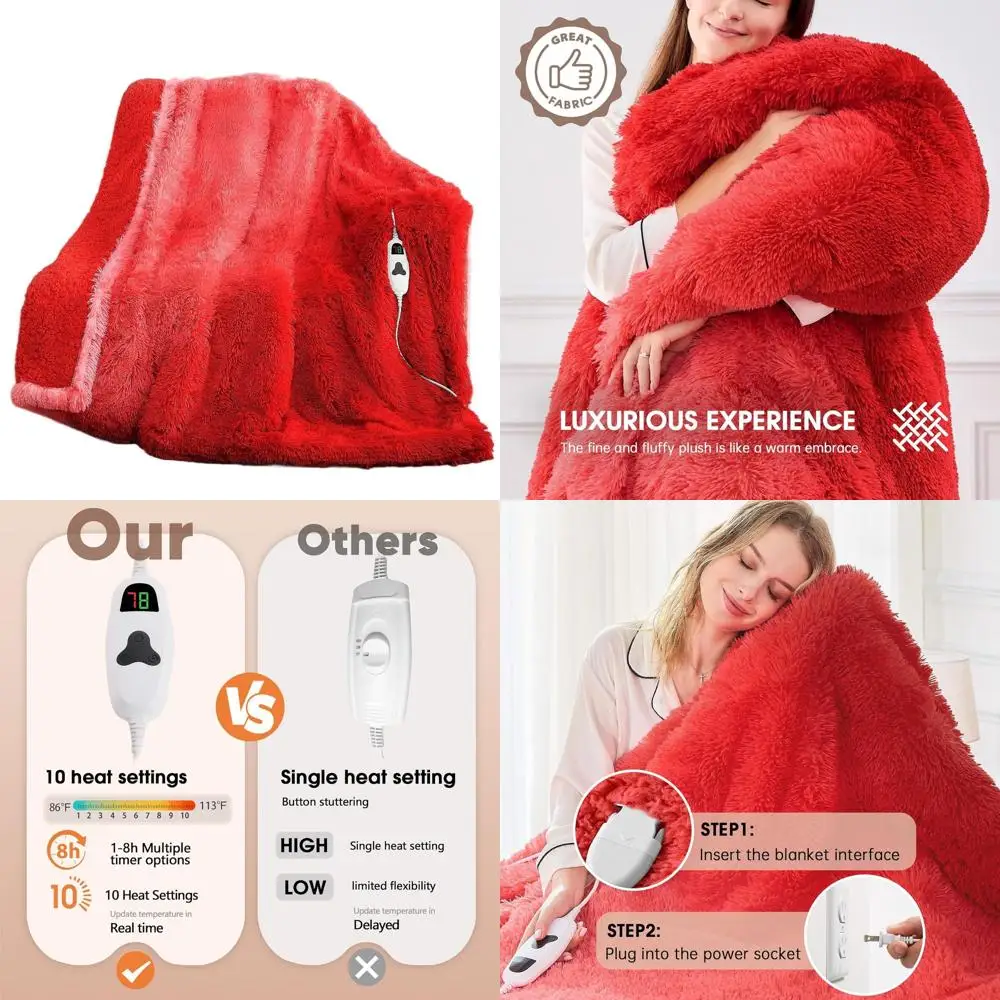 

Twin Size Heated Blanket for Women - Faux Fur & Sherpa, 10 Heat Levels, 5 Timers, 62x84 Ruby Wine