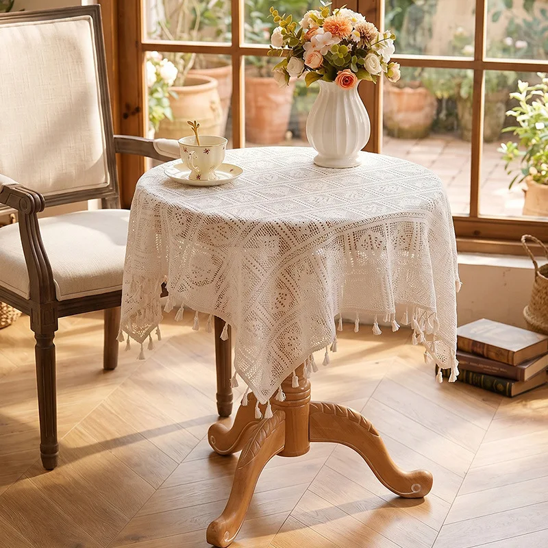 Cross-border polyester-cotton tablecloth, American retro hollow-knit tablecloth, light luxury lace round tablecloth,